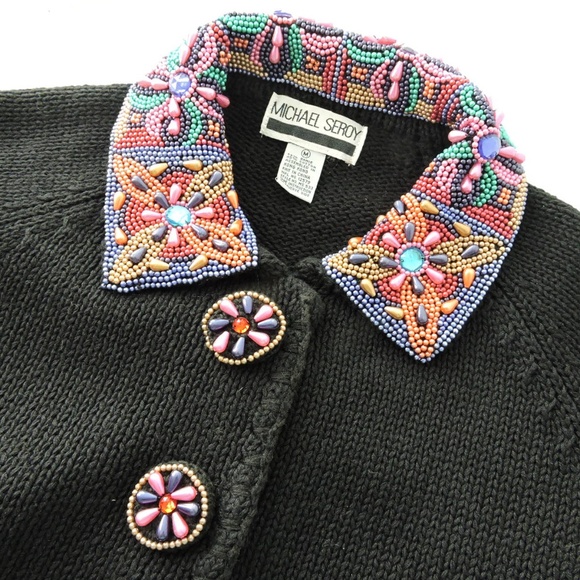 Vintage 90's rare Michael Seroy black cardigan colorful beaded art New - Picture 4 of 8